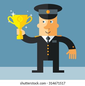 officer  holding winning trophy. Flat vector illustration