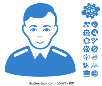 Officer icon with bonus settings symbols. Vector illustration style is flat iconic cobalt symbols on white background.