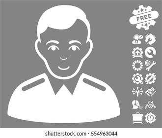 Officer icon with bonus setup tools graphic icons. Vector illustration style is flat iconic white symbols on gray background.