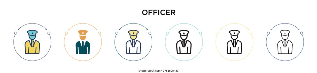 Officer icon in filled, thin line, outline and stroke style. Vector illustration of two colored and black officer vector icons designs can be used for mobile, ui, web
