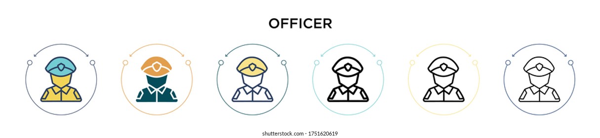 Officer icon in filled, thin line, outline and stroke style. Vector illustration of two colored and black officer vector icons designs can be used for mobile, ui, web