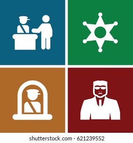 Officer icons set. set of 4 officer filled icons such as pass control, airport officer, security guy