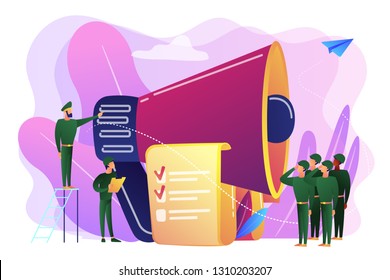 Officer with megaphone recuiting, soldiers saluting, tiny people. Military conscription, compulsory military service, new soldier recruiting concept. Bright vibrant violet vector isolated illustration