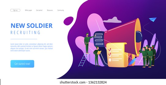 Officer with megaphone recuiting, soldiers saluting, tiny people. Military conscription, compulsory military service, new soldier recruiting concept. Website vibrant violet landing web page template.