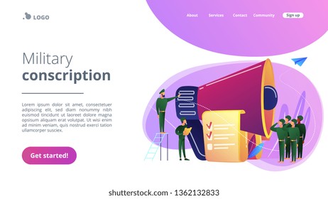 Officer with megaphone recuiting, soldiers saluting, tiny people. Military conscription, compulsory military service, new soldier recruiting concept. Website vibrant violet landing web page template.
