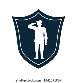 officer military saludating in shield silhouette veterans day vector illustration design