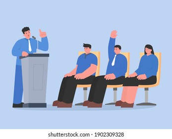 Officer on the chair Raises his hand to Talk with the speaker people stand on the podium in a seminar. Illustration about the opinions of the people in the team.