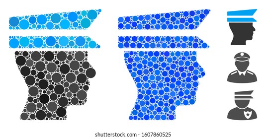 Officer profile composition of filled circles in variable sizes and color tints, based on officer profile icon. Vector filled circles are combined into blue collage.