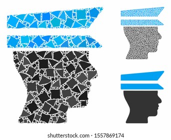 Officer profile mosaic of humpy parts in various sizes and color tones, based on officer profile icon. Vector uneven parts are composed into mosaic. Officer profile icons collage with dotted pattern.
