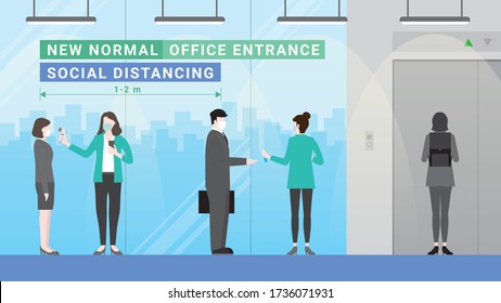 Officer queue for screening test before entrance office. Temperature and hand sanitizer checkpoint. Lifestyle after pandemic covid-19 corona virus. New normal is social distancing and wearing mask.