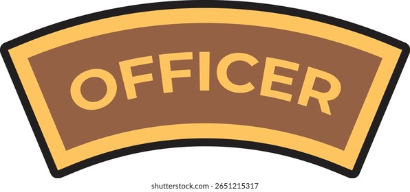 Insígnia de patente oficial com a palavra OFICIAL em letras douradas sobre um fundo marrom curvo com fronteiras douradas, adequado para temas militares ou de aplicação da lei