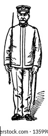 Officer with Saber where an officer facing forward with a saber, vintage line drawing or engraving illustration.