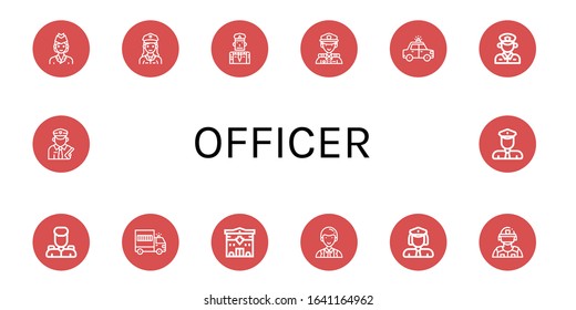 officer simple icons set. Contains such icons as Air hostess, Police officer, Policeman, Police, Police car, Military, Prisoner transport vehicle, can be used for web, mobile and logo