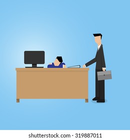 officer sleeping and boss tap the table to wake him up