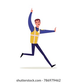 Officer of traffic police in uniform with high visibility vest running and whistling, policeman character at work vector Illustration