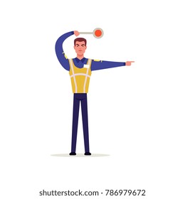 Officer of traffic police in uniform with high visibility vest gesturing with traffic sign, policeman character at work vector Illustration