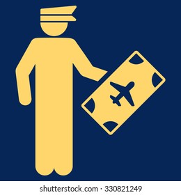 Officer vector icon. Style is flat yellow symbol, rounded angles, blue background.