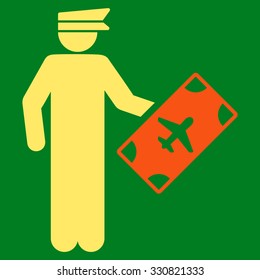 Officer vector icon. Style is flat bicolor orange and yellow symbol, rounded angles, green background.