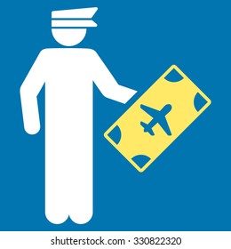 Officer vector icon. Style is flat bicolor yellow and white symbol, rounded angles, blue background.