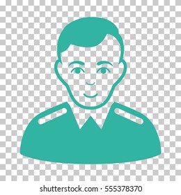 Officer vector pictograph. Illustration style is flat iconic cyan symbol on a chess transparent background.
