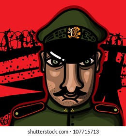 officer in a war scene with red background