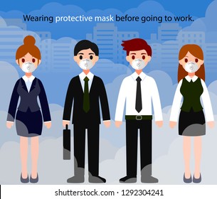 Officer wearing protective mask before going to work.Dust mask N95 prevent PM2.5,Air pollution concepts vector illustration.