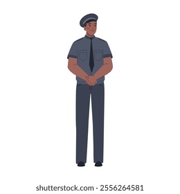 Officer wearing uniform and hat. Vector flat cartoon character, isolated policeman on duty, security and law enforcement occupation. Cop patrolling street or city on a post, military man