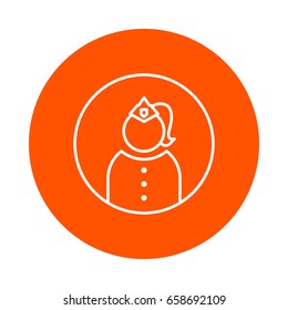 Officer woman in uniform and cap with caption, vector round monochrome line icon.