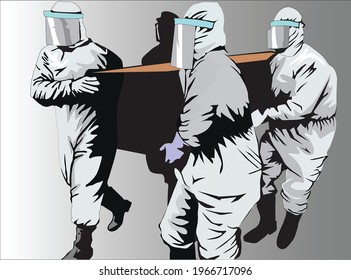 Officers carrying the corona virus coffin with complete protection. Four health workers carry the coffin. Personal protective suits