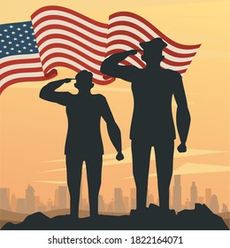 officers military silhouettes with usa flag sunset scene vector illustration design