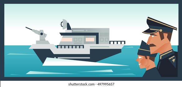 Officers and sailors. Military Navy ship at sea. Guarding the border. Vector illustration