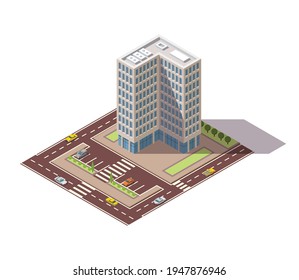 Offices isometric. Architecture building facade of business center. Infographic element. Architectural vector 3d illustration. City house composition with roads