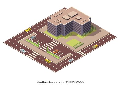 Offices isometric. Architecture building facade of business center. Infographic element. Architectural vector 3d illustration. City house composition with roads and parking