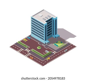 Offices isometric. Town apartment building with street and cars for city map creation. Infographic element. City house composition with roads