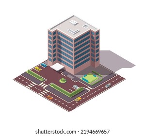 Las oficinas son isométricas. Edificio de apartamentos con calle y coches para la creación de mapas de la ciudad. Elemento infográfico. Composición de la ciudad con carreteras