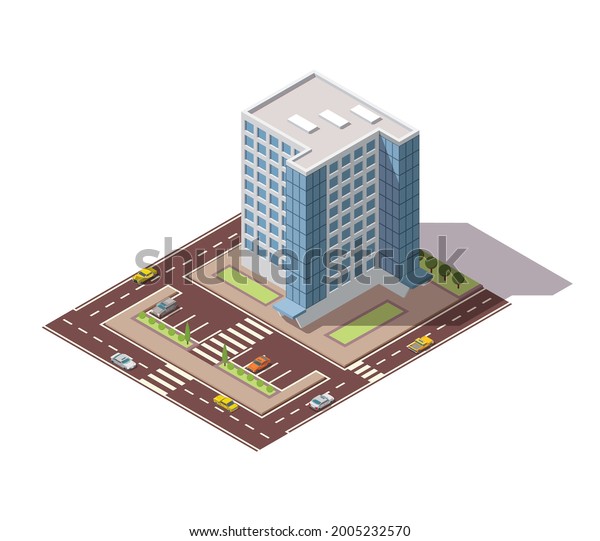 Offices isometric. Town apartment building with\
street and cars for city map creation. Infographic element. City\
house composition with\
roads
