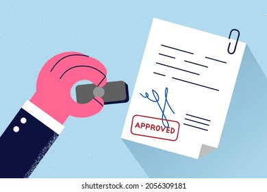 Official approval and legislation concept. Human hand stamping official document signed and approved with official information legislated vector illustration