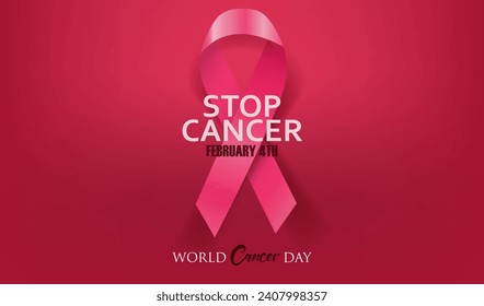 Cartel oficial del Día Mundial del Cáncer. 4 de febrero vector. Cinta rosa sobre fondo rojo.