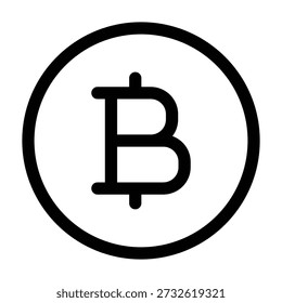 O logotipo oficial da criptomoeda Bitcoin, com uma letra maiúscula B com dois traços verticais dentro de um círculo. Ícone vetorial preto e branco minimalista representando moeda digital, tecnologia blockchain e cripto financiamento.