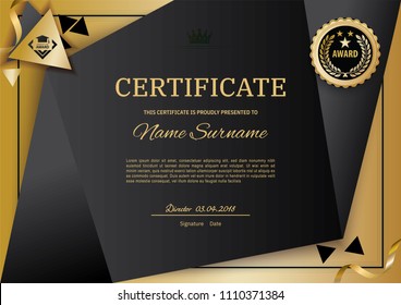 Official black certificate with gold design elements. emblem, gold text. Luxury background