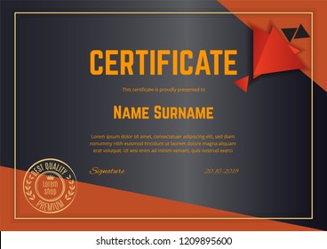 Official black certificate with orange design elements. Business clean modern design. Trianlge abstract background