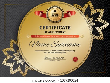 Official black certificate with red black design elements. Gold emblem, gold text on the black circle