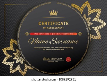 Official black certificate with red black design elements. Gold emblem, gold text on the black circle