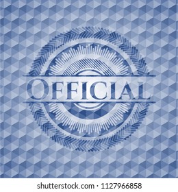 Official blue emblem with geometric background.