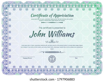 Official blue guilloche border for certificate. Vector illustration. Gradient blue green frame.