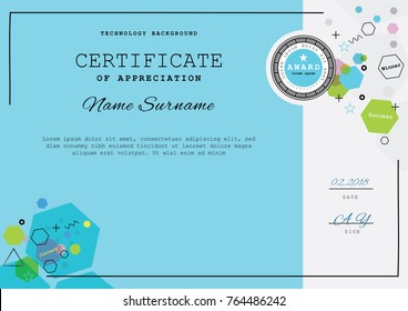 Official blue modern certificate with colorful hexagons. Abstract vector background. 