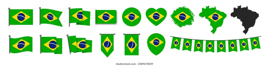 Official Brazil flag set. Map set of icons and different shapes. Flat style. National symbol isolated on transparent background.