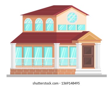 Official Building Facade Flat Vector Illustration. Courthouse Edifide, Public Library, Museum, Town Hall with Pillars, Columns. Classical Architecture Attraction Landmark. Villa, Dwelling Place