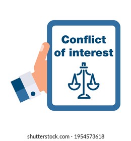 Official, businessman points to a legal document. Conflict of interest concept. Vector flat illustration isolated on white background.
