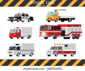 Official Cars Vector Icons Set. Ambulance, Police, Fire Truck, Mail Truck, Tow Truck, Crane, Truck Lorry Illustration Cartoon Style